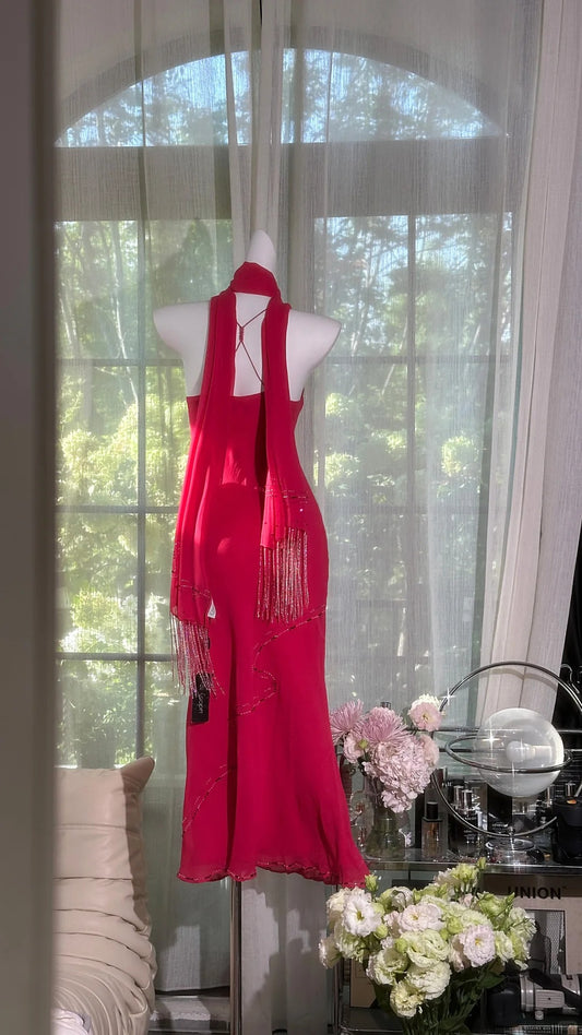 Charming Prom Dresses Mermaid Spaghetti Strap Red Chiffon Tea Length Evening Outfits N3548