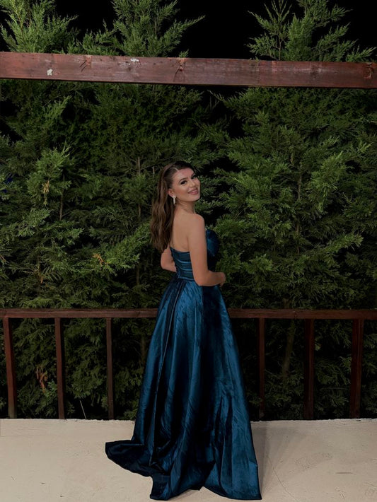 Simple A line Strapless Navy Blue Long Prom Dresses Satin Impress 19th Birthday Outfits Prom Gown N241
