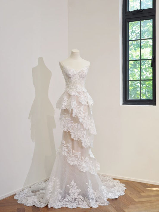 Modest Women's Mermaid Sweetheart Layered Pleated Lace Long Sweep Train Wedding Dresses AB1499