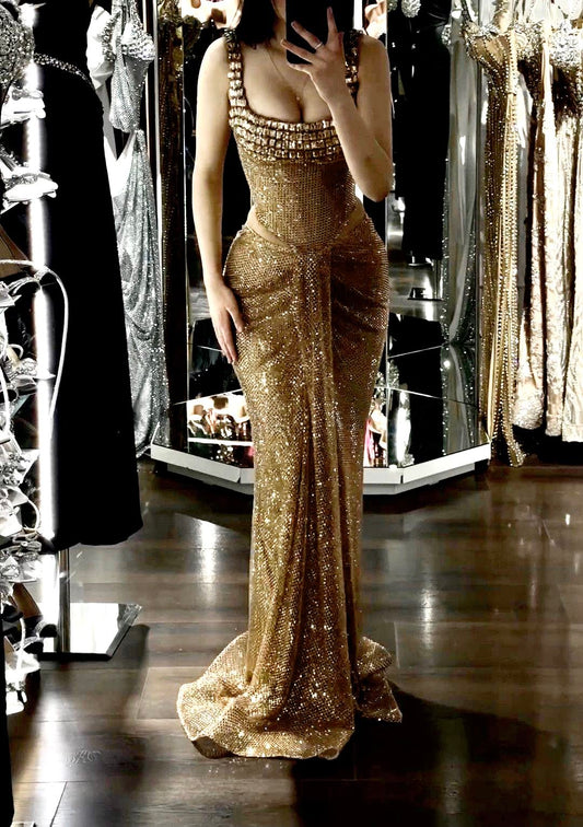 Sexy Mermaid Square Neck Gold Sequin With Beaded Prom Dresses Long Evening Formal Gown Wedding Party Gowns N362