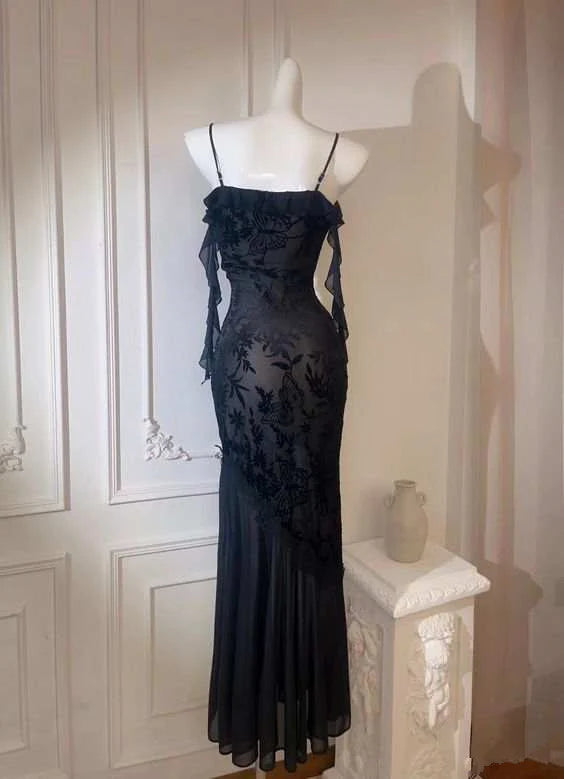Robe de bal longue en mousseline noire à bretelles spaghetti et sirène chic, robe de soirée d'inspiration DH3027