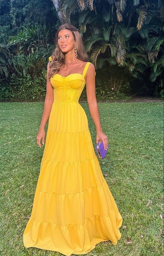 Robe de bal jaune modeste de coupe trapèze, robe de soirée, robe de fête, robe de cérémonie sexy AB195