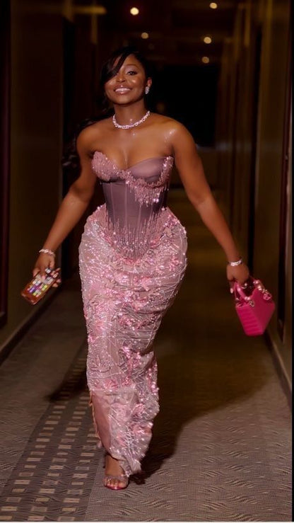 Robes de bal de princesse sirène bustier rose pailleté sans manches longue robe de soirée formelle N4738