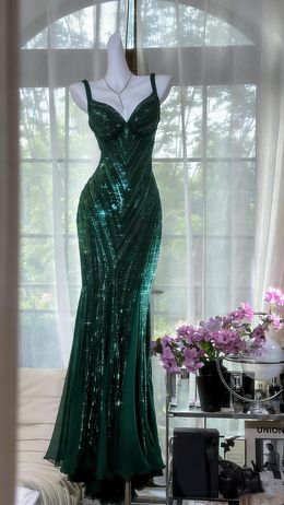 Vintage V Neck Dark Purple Chiffon Sequin Mermaid Long Party Gown Evening Dress 20th Birthday Outfits N875