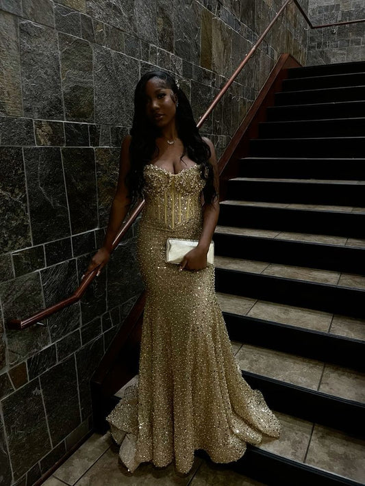 Meerjungfrauen-Abendkleid mit goldenen Pailletten und Schnürung am Rücken für große Größen, speziell für schwarze Mädchen, Modell N828