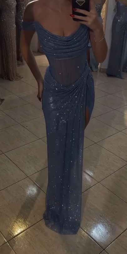 Sparkly Mermaid Off The Shoulder Blue Sequin Long Slit Evening Party Gowns Evening Dress Special Formal Dresses Prom Dress AB653