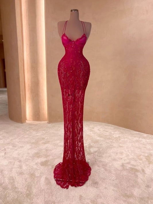 Sexy Mermaid Halter Red Lace With Beaded Bodice Long Prom Dresses Inspiration Evening Gowns Formal Party Prom Dress N179