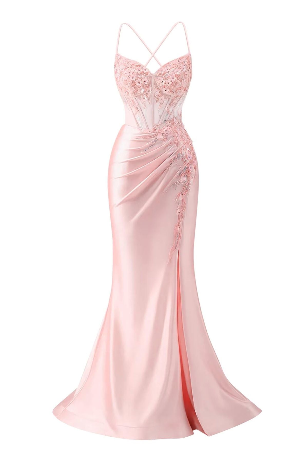 Satin-Abendkleider mit Schlitz, 3D-Blumenbesatz, Pailletten, Glitzer, Meerjungfrauen-Stil, lange formelle Abendkleider, Vestidos De Dia AB521
