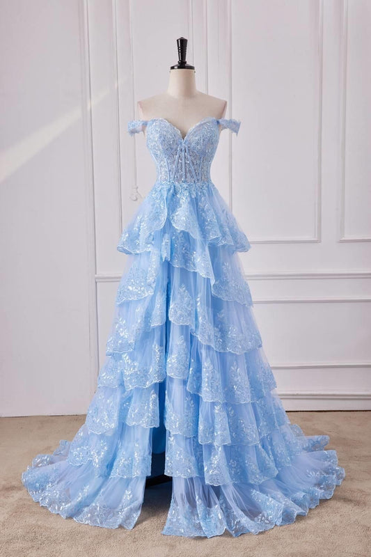 Robe longue bleu clair à épaules dénudées, en tulle à sequins, à volants et fente, avec jupe fendue (Vestidos De Dia AB524)