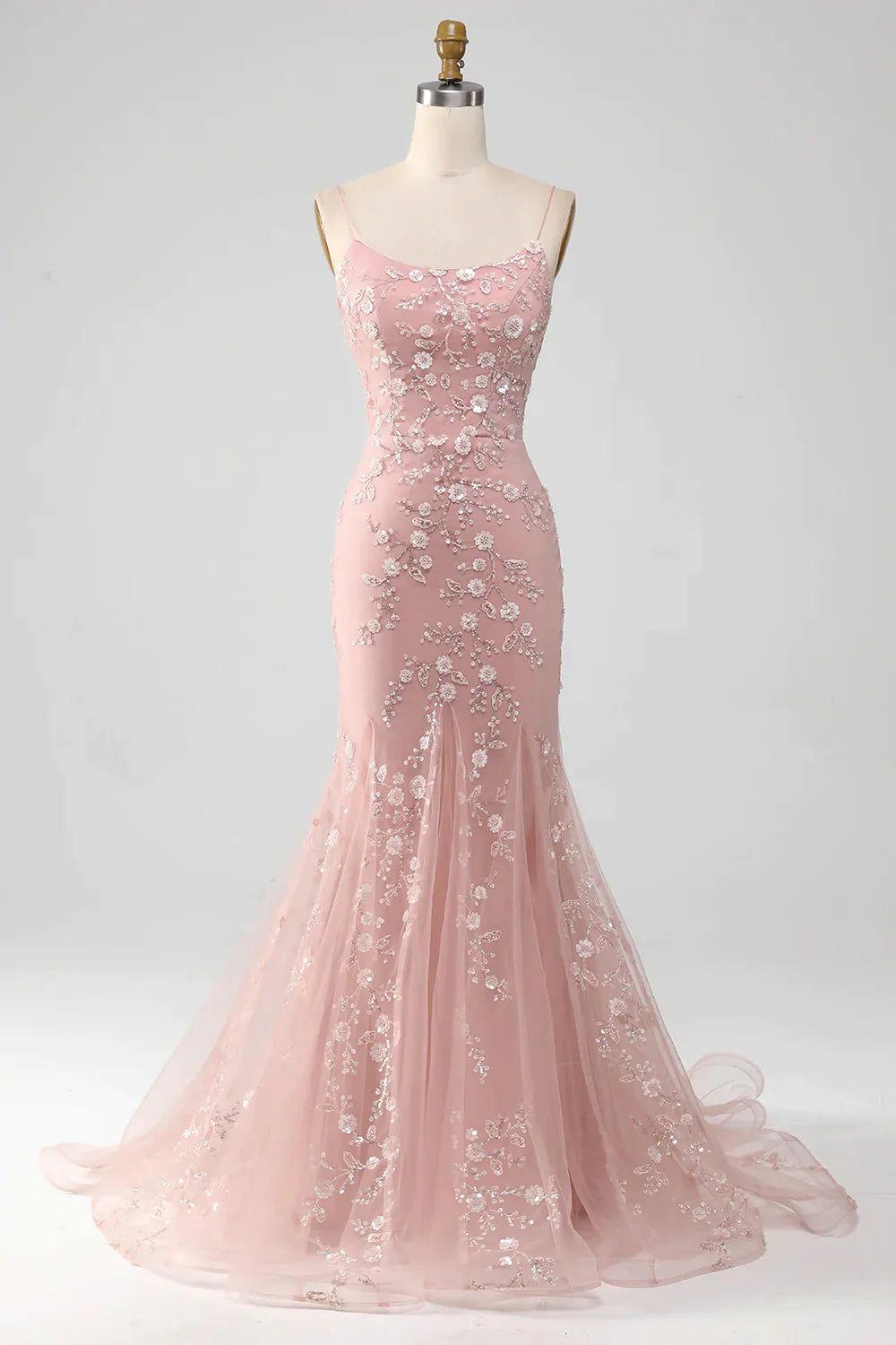 Robe de bal longue sirène rose poudré à fines bretelles et perles scintillantes (Vestidos De Dia AB526)