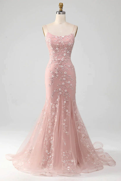 Robe de bal longue sirène rose poudré à fines bretelles et perles scintillantes (Vestidos De Dia AB526)