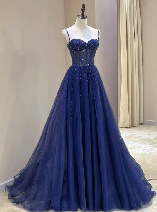 Stylish Navy Blue Spaghetti Straps Tulle Beading Prom Dress Evening Formal Dresses Vestidos De Dia AB516