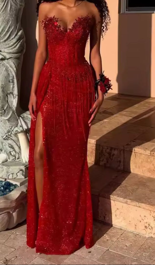 Gorgeous Mermaid Sweetheart Red Sequins Beaded Bodice Slit Prom Dresses Long Formal Party Gown AB361