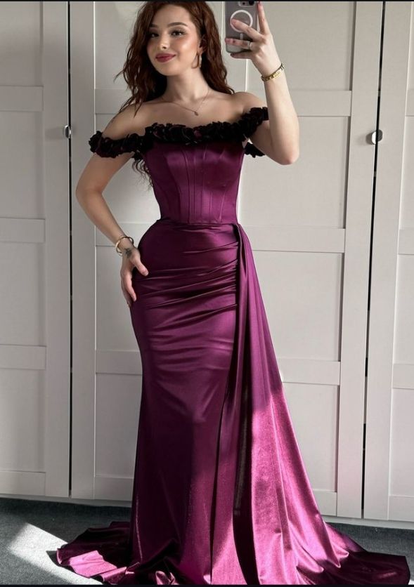 Elegantes Meerjungfrauen-Abendkleid aus Satin mit schulterfreiem Rock und kurzen Ärmeln, langes, formelles Abendkleid, elegantes Partykleid AB2013
