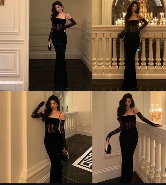 Classy Mermaid Spaghetti Straps Black Satin With Tops Lace Long Prom Dresses Trendy Party Dress For Women AB1524