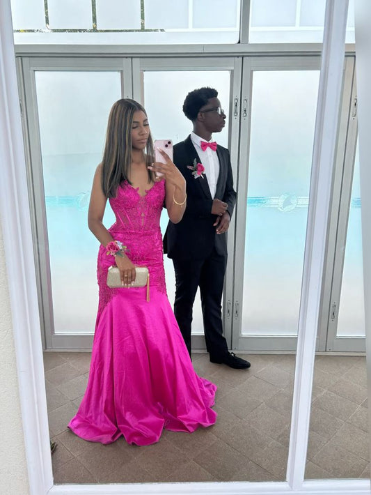 Sexy Mermaid Spaghetti Strap Hot Pink Satin Lace Bodice Long Prom Dresses Inspiration Evening Gowns Formal Party Prom Dress N183