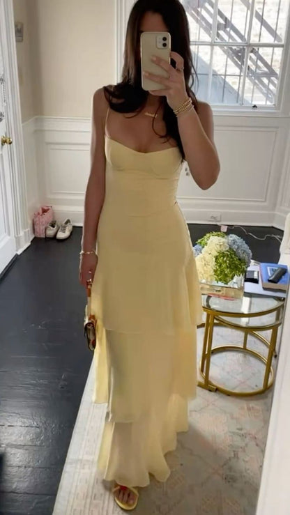 Robe de bal longue jaune à bretelles simples et élégantes, N1030