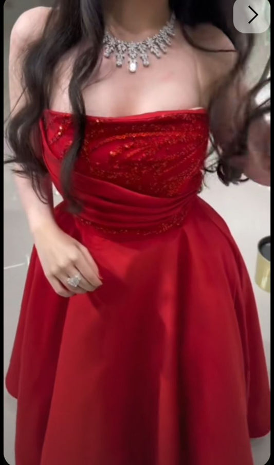 Romantic Red Mini Dress ❤️ Elegant Spring Date Night Outfit Short Inspo Strapless Hoco Dress Homecoming Dresses RB4207