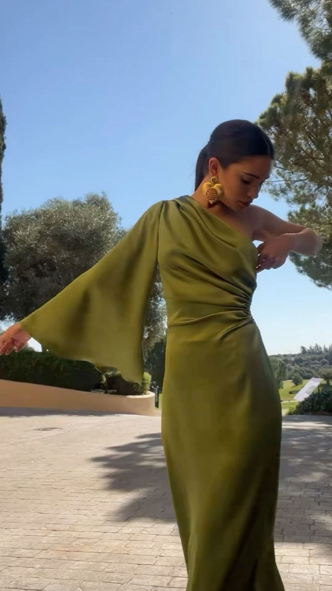 Robe de bal longue vert olive, coupe fourreau simple, une épaule, inspiration robe de soirée formelle N187
