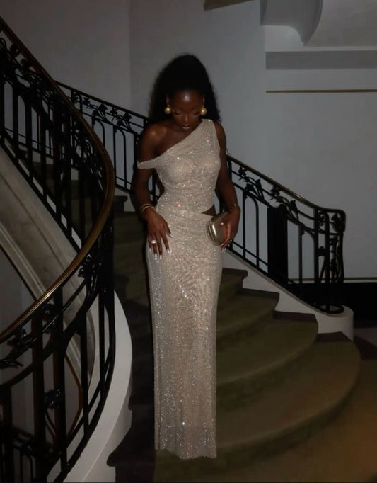 Funkelndes Meerjungfrauen-Abendkleid mit One-Shoulder-Schnitt, elfenbeinfarben, Pailletten und Schlitz – Inspiration für figurbetonte Abendkleider für Damen, formelles Partykleid AB1199