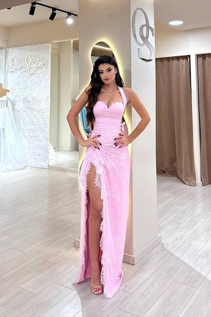 Beautiful Pink Sweetheart Halter Sleeveless Lace Prom Dress Mermaid With Side Split Graduation Dress B551
