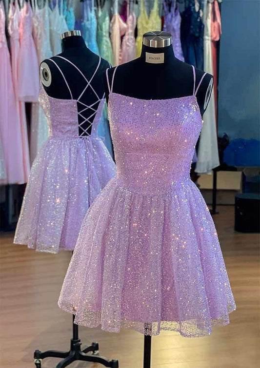 Sweet Ball Gown Spaghetti Strap Lilac Sleeveless Sequin Short Mini 16th Birthday Dresses Hoco Outfits N1907
