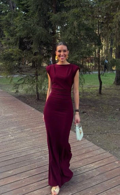 Elegantes, burgunderrotes Meerjungfrauenkleid mit U-Boot-Ausschnitt, langen Ärmeln und festlicher Abendgarderobe, ideal für Dinnerpartys und festliche Anlässe (AB2026)