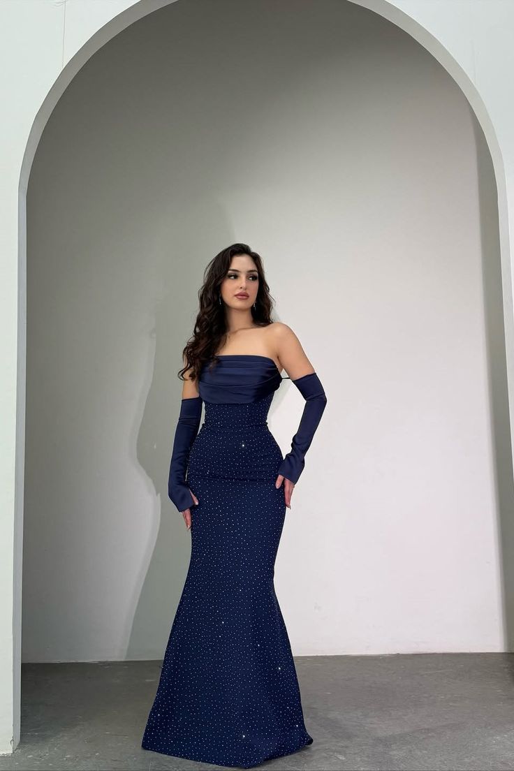 Robe de bal sirène bustier bleu marine foncé élégante, manches amovibles ornées de perles et fermeture éclair, robe de soirée AB1925