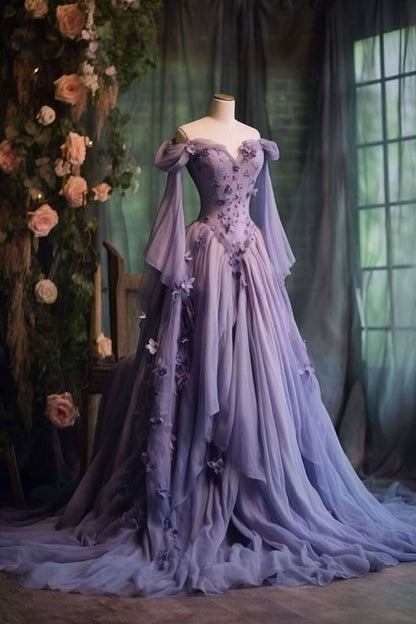 Elegant Purple Medieval Prom Dress Off The Shoulder Fairy Long Sleeve 3D Floral Applique Vestidos De Dia AB510