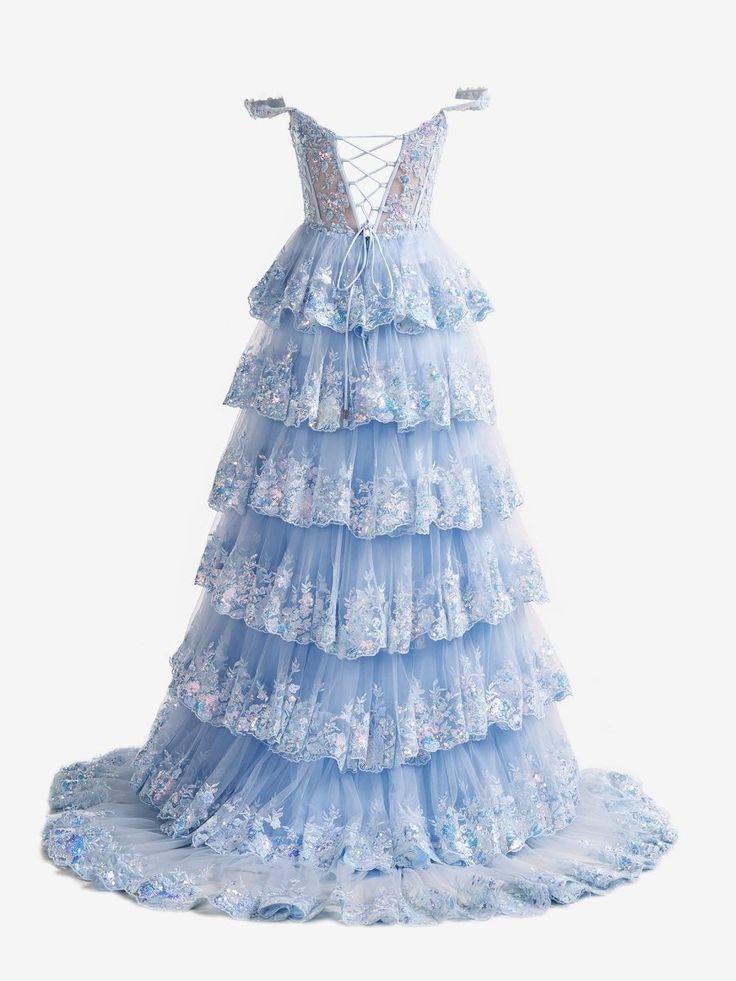 Light Blue Off The Shoulder Tulle Sequin Ruffle Tiered Long Gown with Slit Vestidos De Dia AB524