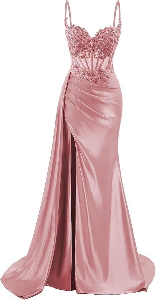 Robes de bal en satin avec fente en dentelle sirène longues robes de soirée formelles Vestidos De Dia AB522