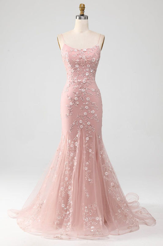 Spaghetti Straps Blush Pink Sparkly Beaded Mermaid Long Prom Dresses Vestidos De Dia AB526