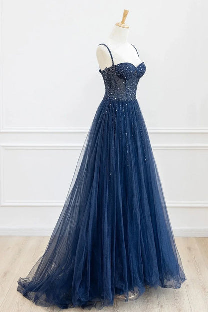 Robe de bal élégante bleu marine à fines bretelles, en tulle et perles, modèle AB516