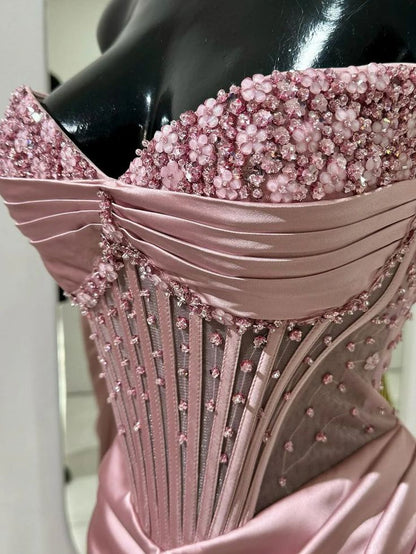 Robe de bal sirène rose à décolleté cœur et fente, inspiration pour adolescentes, tenue de soirée, robe de bal AB064