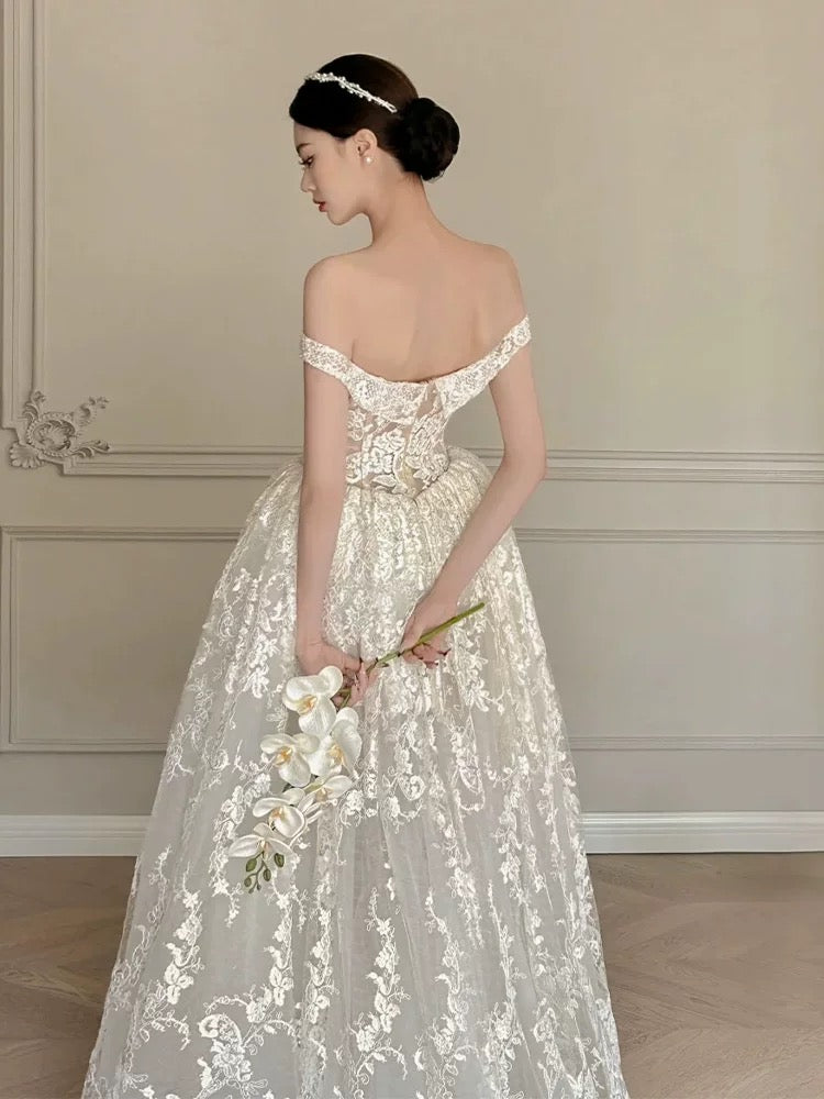 Timeless Ball Gown Off The Shoulder Lace Ivory Wedding Dress With Sleeves Fairytale Wedding Dresses AU471