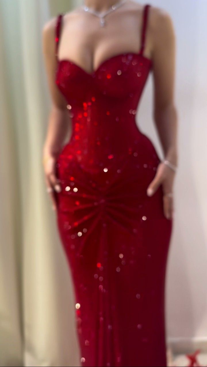Classy Mermaid Spaghetti Straps Red Sequin Long Prom Dresses Inspo Glitter Prom Gown RB1474