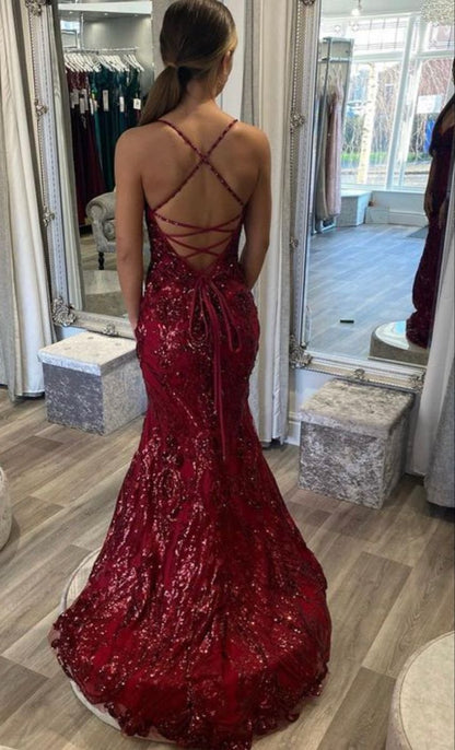 Glitzerndes Meerjungfrauen-Abendkleid mit Spaghettiträgern, burgunderroten Pailletten und langem Rock, Partykleid für Damen AB1478