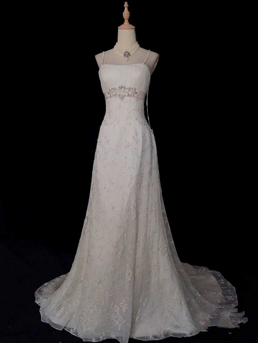 Brautkleider im Retro-Stil der 1950er Jahre: A-Linie, Spaghettiträger, silberne Perlen, Spitze, Petite/Plus Size, für Frühling/Sommer-Hochzeiten, AB1478