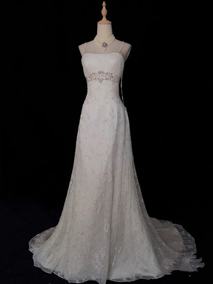 Brautkleider im Retro-Stil der 1950er Jahre: A-Linie, Spaghettiträger, silberne Perlen, Spitze, Petite/Plus Size, für Frühling/Sommer-Hochzeiten, AB1478