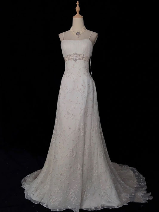 Retro 1950s Wedding Dresses for Bride A line Spagehtti Straps With Silver Beads Lace Petite/Plus Size Bridal Gowns for Spring Summer Wedding AB1478