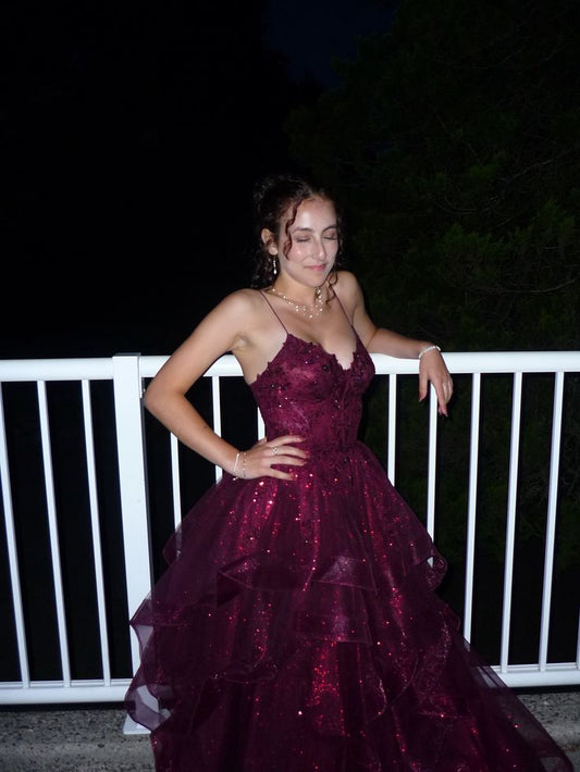 Unique Ball Gown Spaghetti Straps Wine Red Burgundy Tulle with Lace Applique Evening Dresses Long Prom Dress AB553