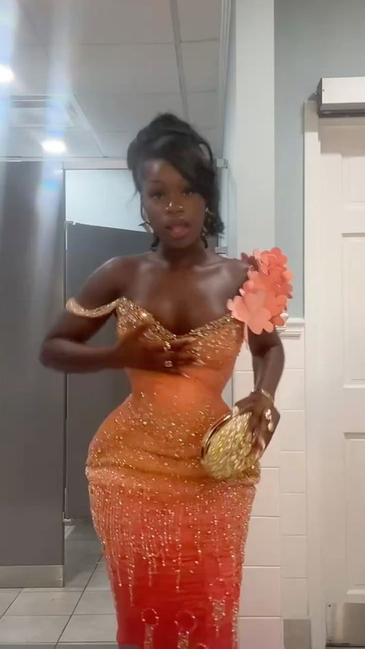 Sparkly Spaghetti Strap Elegant Sequin Long Party Dress Prom Dresses Orange Mermaid Bodycon For Women N4083