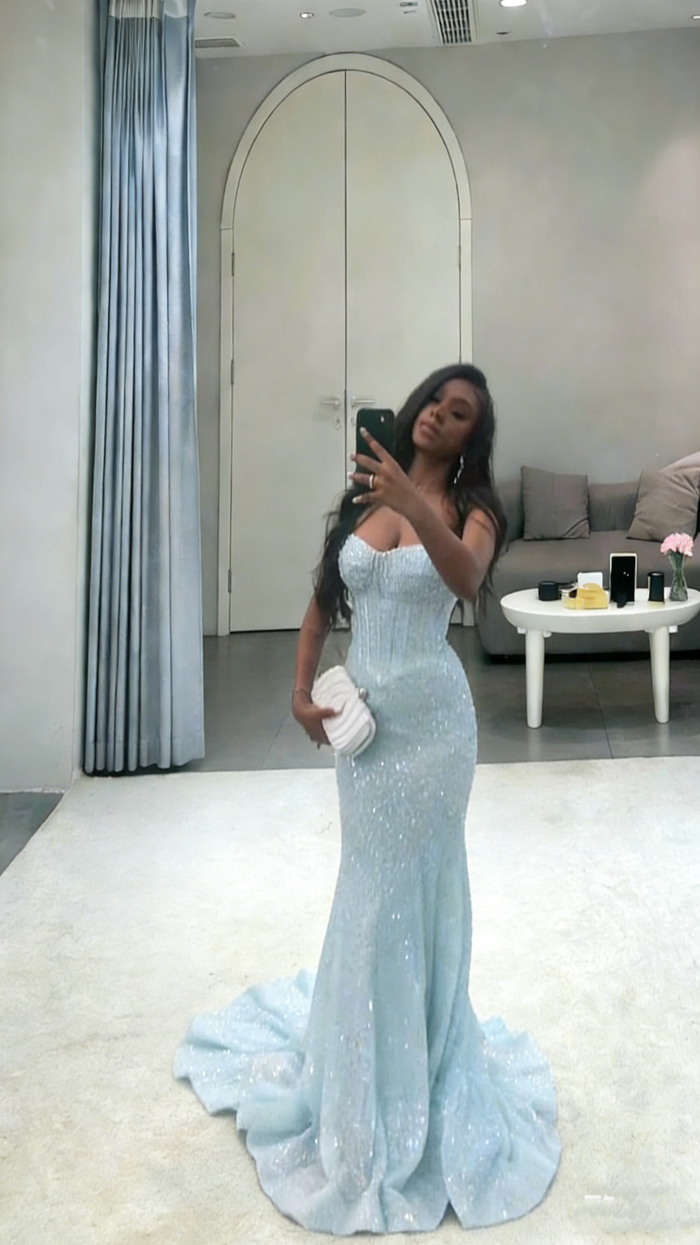 Robe de bal sexy années 50, sirène, bretelles spaghetti, sequins bleu ciel clair, robe de soirée longue AB2183