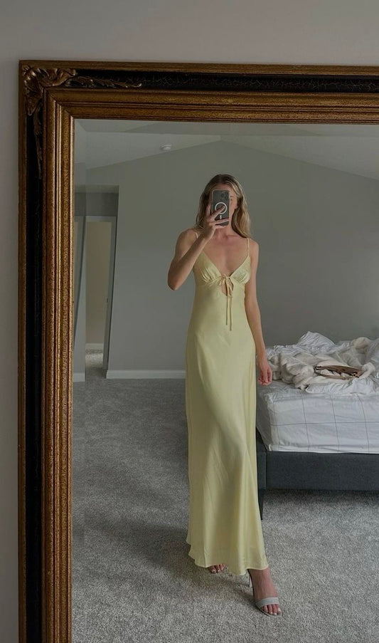 Simple A Line Spaghetti Strap Yellow Silky Satin Long Summer Beach Black Tie Prom Dresses Spring Wedding Guest Dress N1399