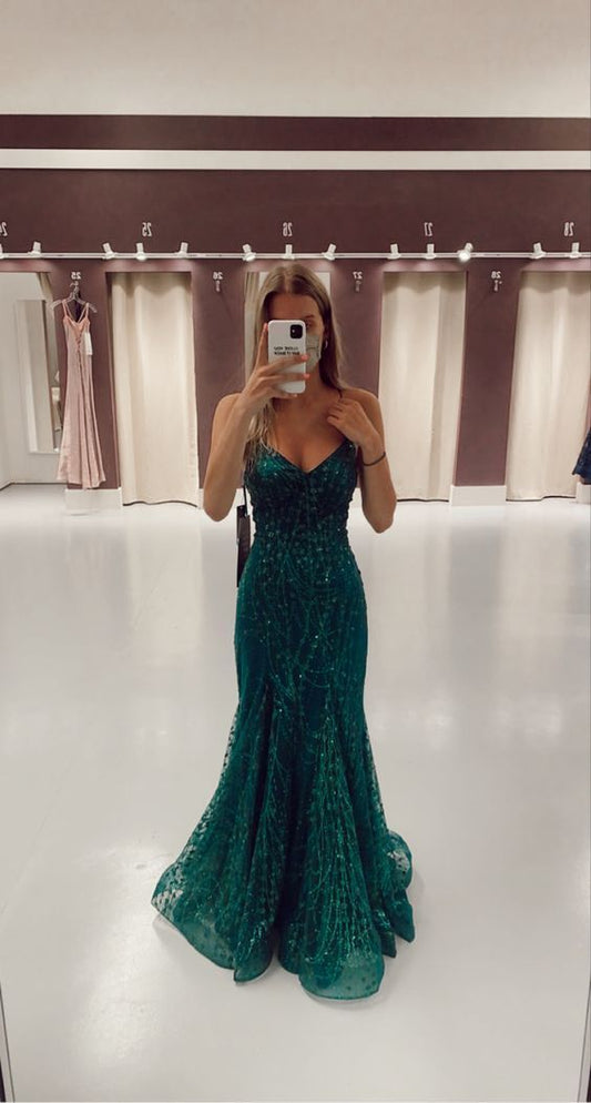 Charming Mermaid Spaghetti Strap Dark Green Tulle Long Prom Dresses Inspiration Evening Gowns Formal Party Prom Dress N218