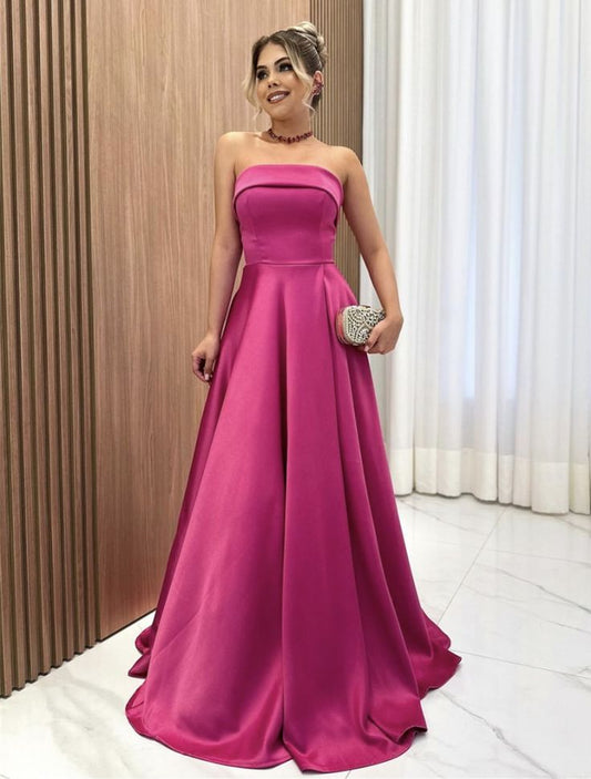 Pretty A line Strapless Pink With Beaded Bodice Long Prom Dresses Formal Dress Wedding Guest Outfits Party Gowns N219