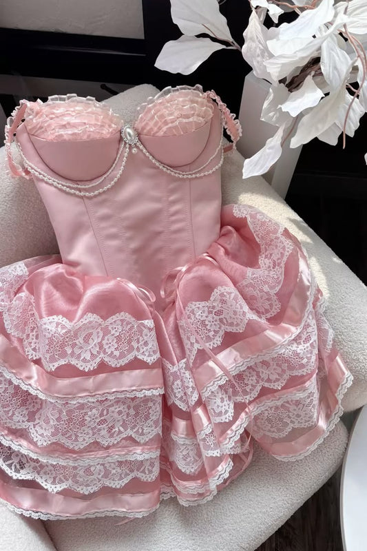 Lovely Ball Gown Hoco & Homecoming Dress Sweetheart Pink With Lace Short Party Dresses RB6447
