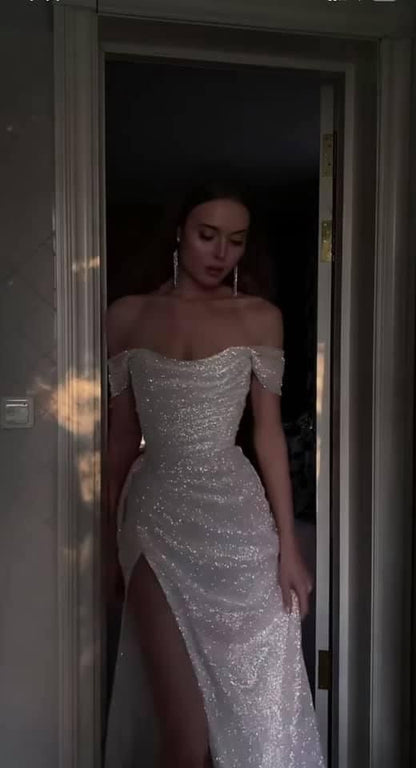 Robe de bal longue sirène beige à épaules dénudées et sequins, élégante robe de soirée fendue AB651