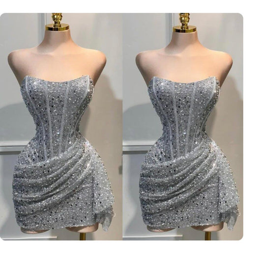 Shiniest Star Sequin Mini Dress Sheath Strapless Silver Graduation Gowns High School For 8th Grade Homecoming Dress RB3318
