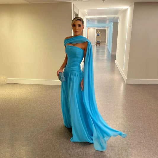 Gorgeous A line Blue Prom Dresses Strapless Evening Dress Women Wedding Guest Dress Party Gown Formal Gowns AB392